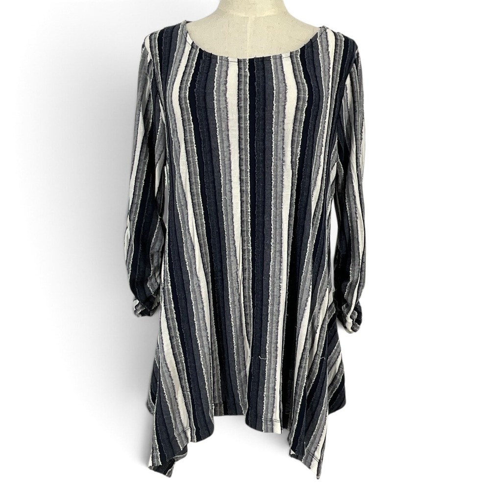 Premise Womens Blue Grey Striped Sharkbite Hem Tunic Top Long Sleeve Large